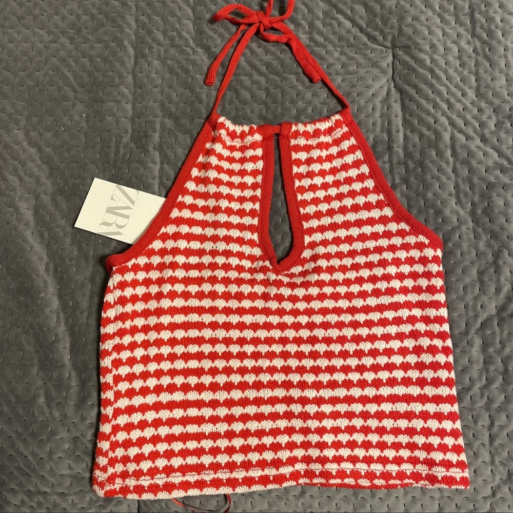 NWOT ZARA LADIES BOHO White Red KNIT SUMMER CROP TOP Small